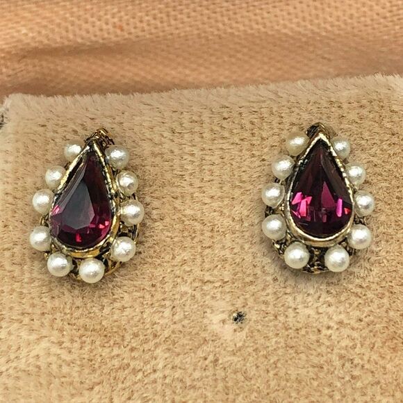 Vintage Pear Cut Amethyst Rhinestone Earrings w Seed Pearl Halo Original Box - Picture 2 of 5